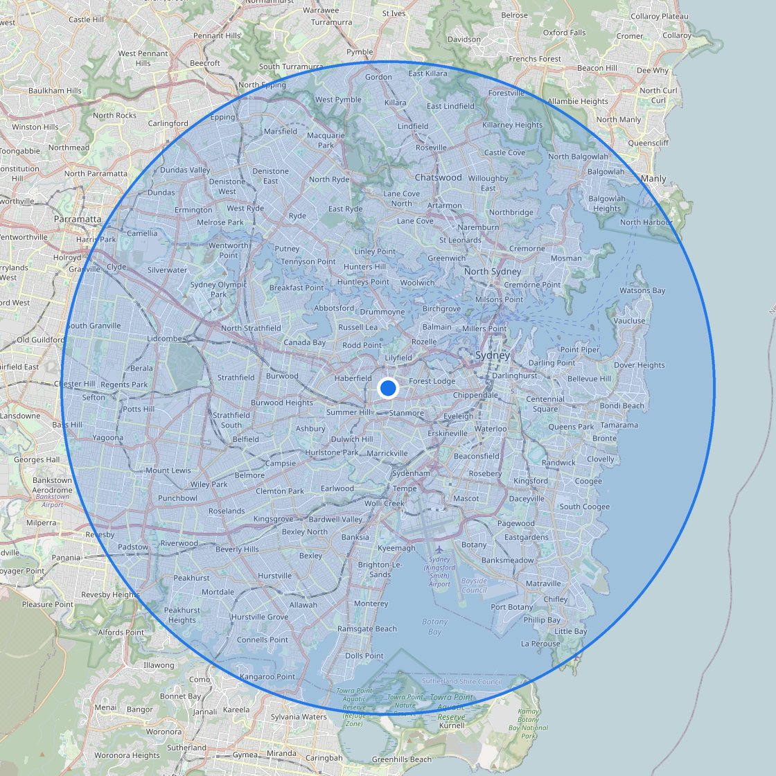 Map of Sydney with a blue 15 kilometre circle around the Leichhardt shop, reaching Parramatta, Chatswood, Bondi and Botany Bay