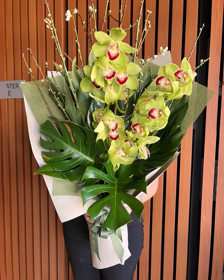 Current ad: green cymbidium orchids against timber