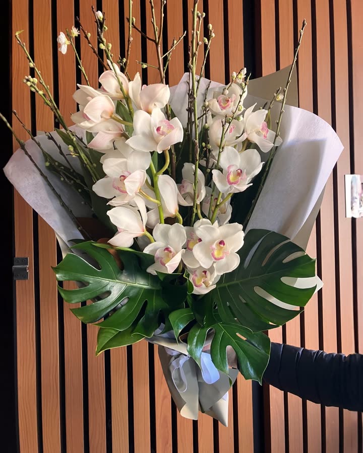 Current ad: white cymbidium arrangement against timber